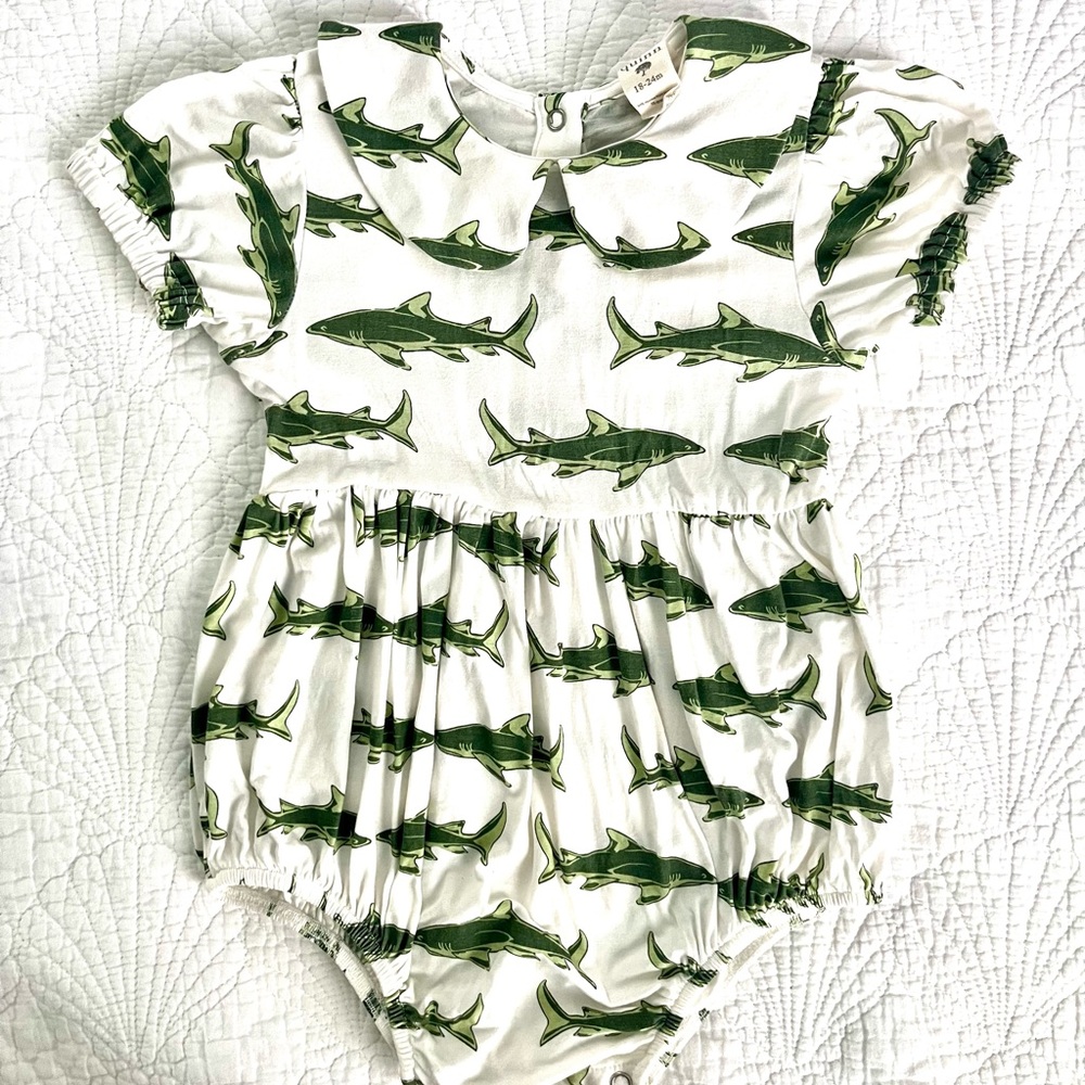 Kate Quinn White and Green Shark Print Romper